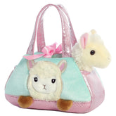 Peek-A-Boo Llama plush from Fancy Pals by Aurora, nestled in a dual-toned carrier with a llama face